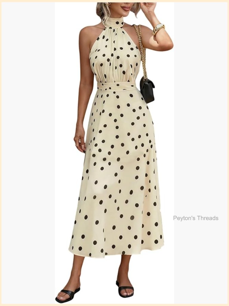 Polka Dots Sleeveless Halter Neck A-Line Maxi Dress Wedding Guest